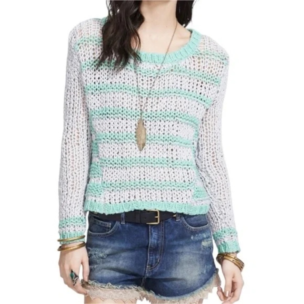 FREE PEOPLE Provence Stripe Open Knit Silk Blend Pullover Sweater Cloud Combo - Picture 1 of 5